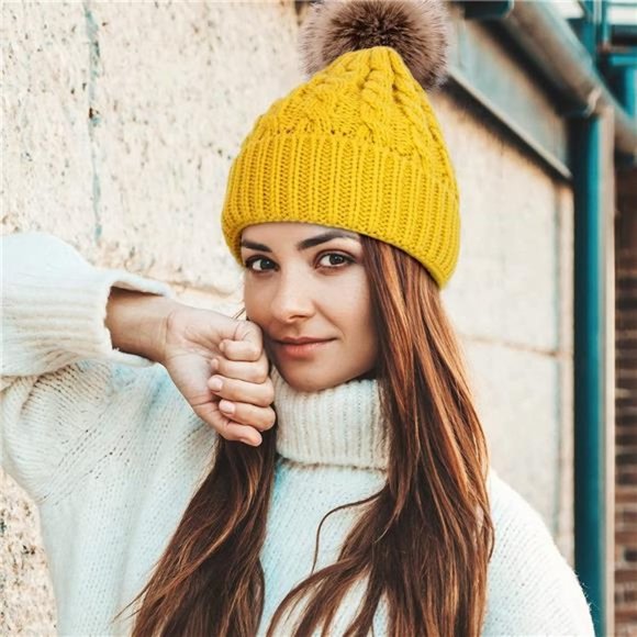 WOMEN'S Winter Soft Knit Beanie Hat with Faux Fur Pom Pom Warm, Yellow - Picture 4 of 6